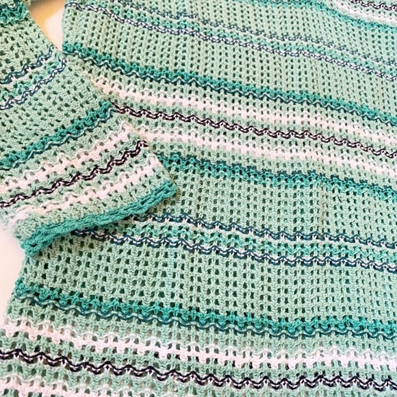 Liz Claiborne Womens Open Knit Blouse Sz M Green Stripes V-Neck 3/4 Sleeve - Picture 4 of 9